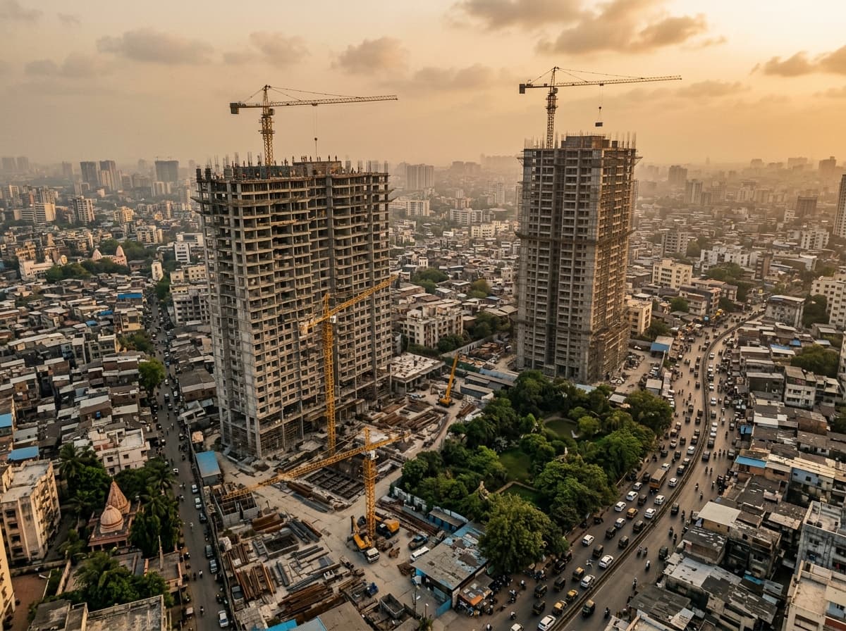 Aerial of western Mumbai high-rises under construction at dusk