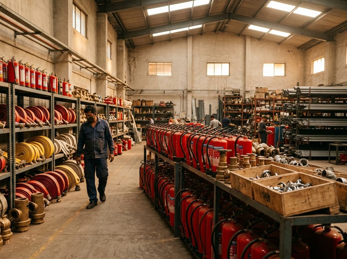 Organised Goregaon warehouse of fire extinguishers, hoses and hydrant fittings